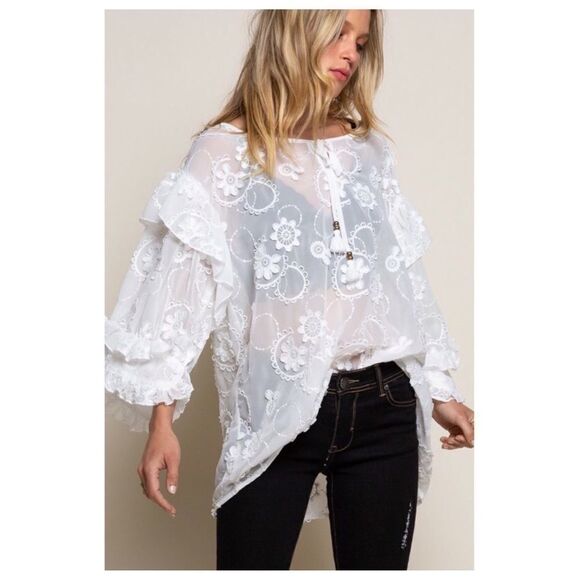 Pol White Boho Embroidered Floral Top with Ruffles - Picture 8 of 16